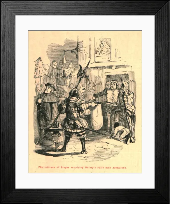 Framed Print : The citizens of Bruges supplying Wolseys suite with provisions, 1897. Creator: John Leech Framed Print : The citizens of Bruges supplying Wolseys suite with provisions, 1897. Creator: John Leech
