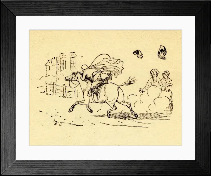 Framed Print : John Gilpins horse bolts, and his hat and wig blow off, 1878, (c1918). Creator: Randolph Caldecott Framed Print : John Gilpins horse bolts, and his hat and wig blow off, 1878, (c1918). Creator: Randolph Caldecott
