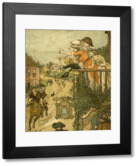 Framed Print : John Gilpin gallops past the Bell Inn as his wife and children wave from the balcony, 1878, (c1918) Framed Print : John Gilpin gallops past the Bell Inn as his wife and children wave from the balcony, 1878, (c1918)