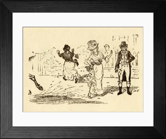 Framed Print : John Gilpins horse splashes mud on a womans dress, 1878, (c1918). Creator: Randolph Caldecott Framed Print : John Gilpins horse splashes mud on a womans dress, 1878, (c1918). Creator: Randolph Caldecott
