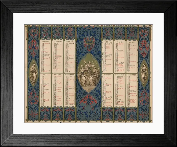 Framed Print : Calendar with saints days and royal birthdays, 1847. Creator: M & N Hanhart Framed Print : Calendar with saints days and royal birthdays, 1847. Creator: M & N Hanhart