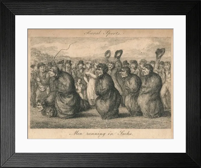 Framed Print : Rural Sports - Men running in Sacks, late 18th-early 19th century. Creator: Unknown Framed Print : Rural Sports - Men running in Sacks, late 18th-early 19th century. Creator: Unknown