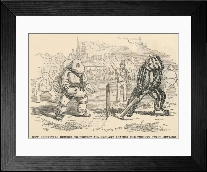 Framed Print : New Cricketing Dresses, To Protect All England Against The Present Swift Bowling, 1854 Framed Print : New Cricketing Dresses, To Protect All England Against The Present Swift Bowling, 1854