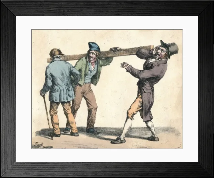 Framed Print : Clumsy man carrying a length of wood, 19th century. Creator: Unknown Framed Print : Clumsy man carrying a length of wood, 19th century. Creator: Unknown