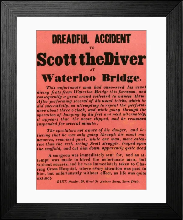 Framed Print : Dreadful Accident to Scott the Diver at Waterloo Bridge, 1841, (1948). Creator: Unknown Framed Print : Dreadful Accident to Scott the Diver at Waterloo Bridge, 1841, (1948). Creator: Unknown