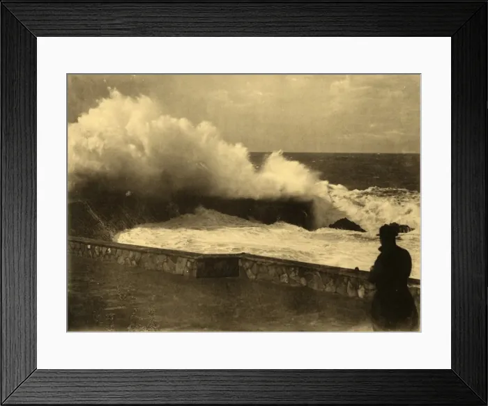 Framed Print : Biarritz - Effet de vague a la digue du Rocher de la Vierge, c1930. Creator: Unknown Framed Print : Biarritz - Effet de vague a la digue du Rocher de la Vierge, c1930. Creator: Unknown