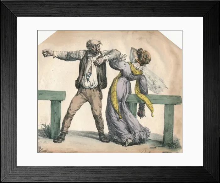 Framed Print : Man attacking a woman, 1855. Creator: Unknown Framed Print : Man attacking a woman, 1855. Creator: Unknown