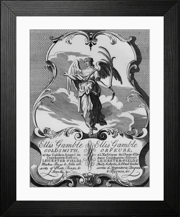 Framed Print : Trade card of goldsmith Ellis Gamble, 1720s, (1827). Creator: Thomas Cook Framed Print : Trade card of goldsmith Ellis Gamble, 1720s, (1827). Creator: Thomas Cook