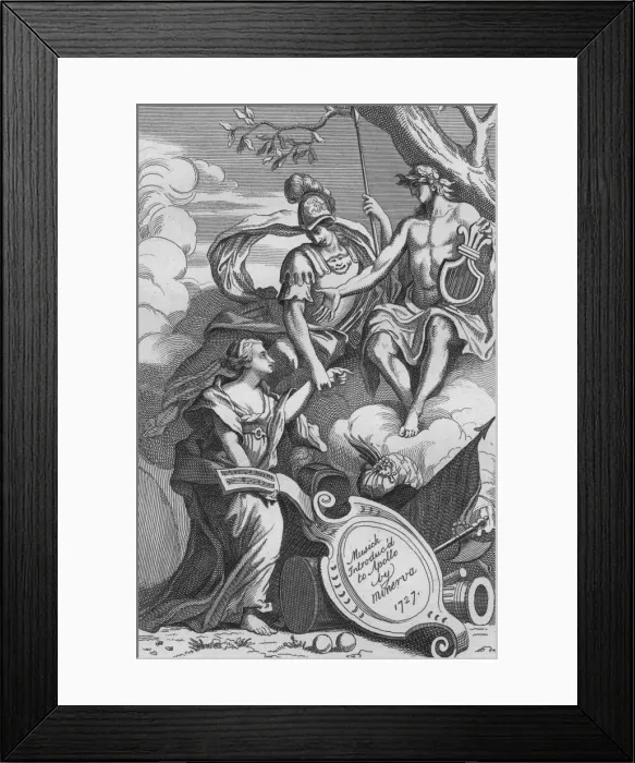 Framed Print : Musick Introduc d to Apollo by Minerva, 1727, (1827). Creator: Unknown Framed Print : Musick Introduc d to Apollo by Minerva, 1727, (1827). Creator: Unknown