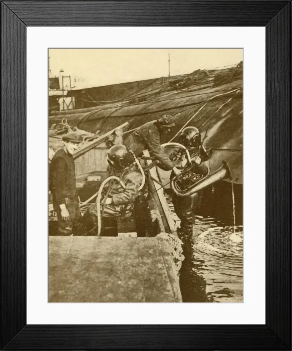 Framed Print : A Diver With Euphonium and Swords from the German Kaiser Scuttled at Scapa, c1930 Framed Print : A Diver With Euphonium and Swords from the German Kaiser Scuttled at Scapa, c1930