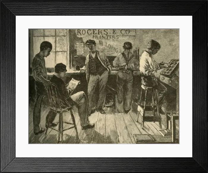 Framed Print : At Work in the Printing-Office, 1881. Creator: Unknown Framed Print : At Work in the Printing-Office, 1881. Creator: Unknown