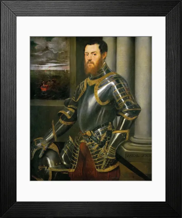 Framed Print : Portrait of a Man in a Gold decorated Suit of Armor, ca 1555. Creator: Tintoretto Framed Print : Portrait of a Man in a Gold decorated Suit of Armor, ca 1555. Creator: Tintoretto