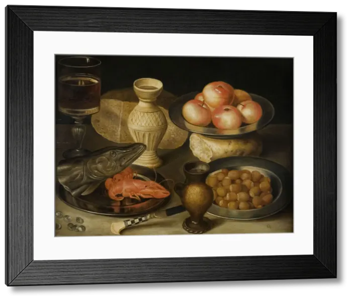 Framed Print : Still life with Siegburg stoneware jug, glass, knife, two loaves…, Early 17th cen Framed Print : Still life with Siegburg stoneware jug, glass, knife, two loaves…, Early 17th cen