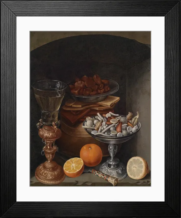 Framed Print : Still life with a wineglass, oranges, a plate with mushrooms and a silver cup, Early 17th cen Framed Print : Still life with a wineglass, oranges, a plate with mushrooms and a silver cup, Early 17th cen