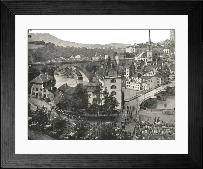 Framed Print : The Nydeggbrücke and cattle market, Bern, Switzerland, 1895. Creator: Unknown Framed Print : The Nydeggbrücke and cattle market, Bern, Switzerland, 1895. Creator: Unknown