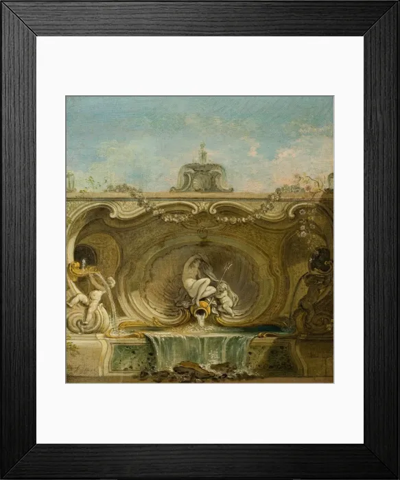 Framed Print : Fountain Design. Naiad and Putto, c. 1740. Creator: Lajoue, Jacques, de (1686-1761) Framed Print : Fountain Design. Naiad and Putto, c. 1740. Creator: Lajoue, Jacques, de (1686-1761)