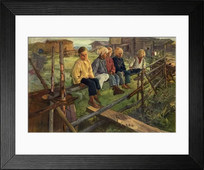 Framed Print : Children on a Fence (Sparrows), 1883, (1965). Creator: Illarion Pryanishnikov Framed Print : Children on a Fence (Sparrows), 1883, (1965). Creator: Illarion Pryanishnikov