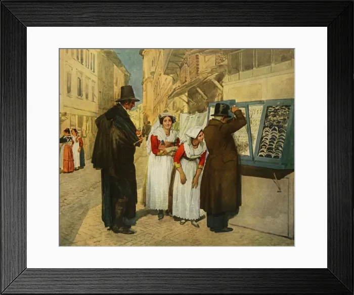Framed Print : The Bridegroom Campagnuolo choosing Earrings for his Bride, 1838, (1965). Creator Framed Print : The Bridegroom Campagnuolo choosing Earrings for his Bride, 1838, (1965). Creator