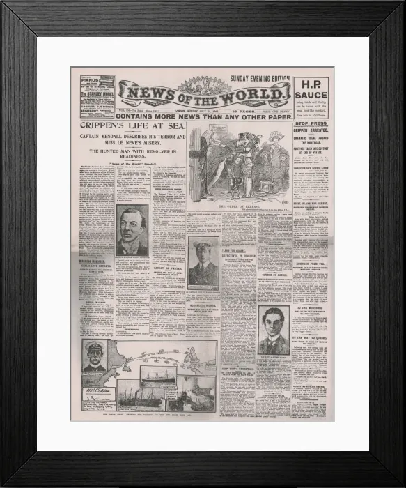 Framed Print : Crippens Life at Sea, front page of the News of the World, 31 July 1910 Framed Print : Crippens Life at Sea, front page of the News of the World, 31 July 1910