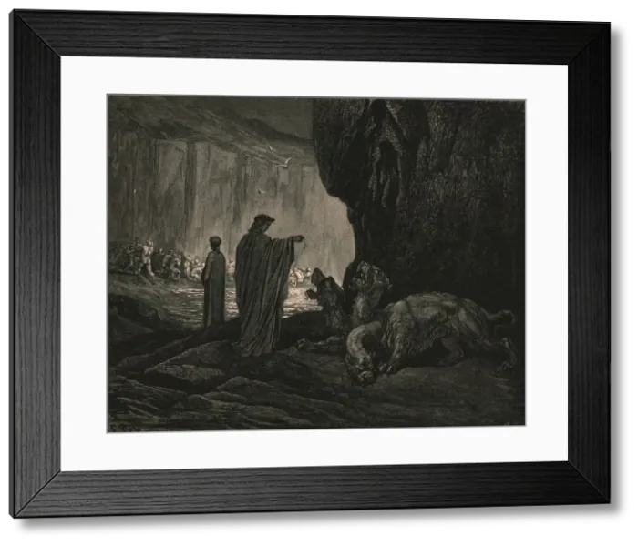 Framed Print : Then my guide, his palms expanding on the ground, c1890. Creator: Gustave DorA©