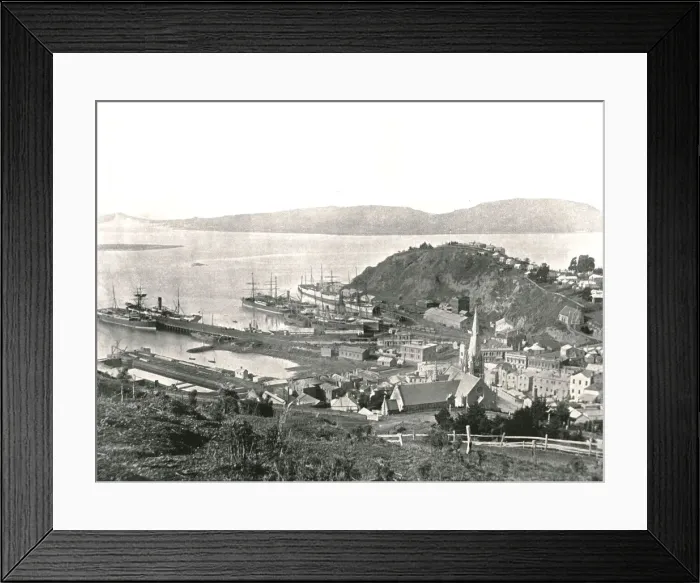 Framed Print : The town and the harbour, Port Chalmers, New Zealand, 1895. Creator: Unknown Framed Print : The town and the harbour, Port Chalmers, New Zealand, 1895. Creator: Unknown