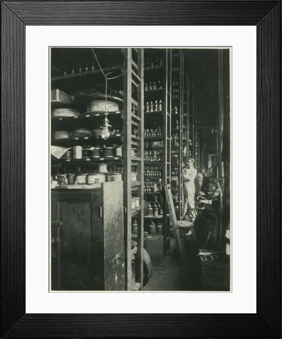 Framed Print : The Shelves of Edisons Laboratory with Samples of Every Known Substance, 1902 Framed Print : The Shelves of Edisons Laboratory with Samples of Every Known Substance, 1902