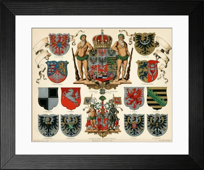 Framed Print : Coat of arms of the Kingdom of Prussia and provinces (Meyers GroBes Konversations-Lexikon) Framed Print : Coat of arms of the Kingdom of Prussia and provinces (Meyers GroBes Konversations-Lexikon)
