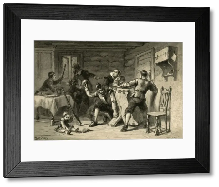 Framed Print : Puritans Barricading Their House Against Indians, (1877). Creator: Albert Bobbett Framed Print : Puritans Barricading Their House Against Indians, (1877). Creator: Albert Bobbett
