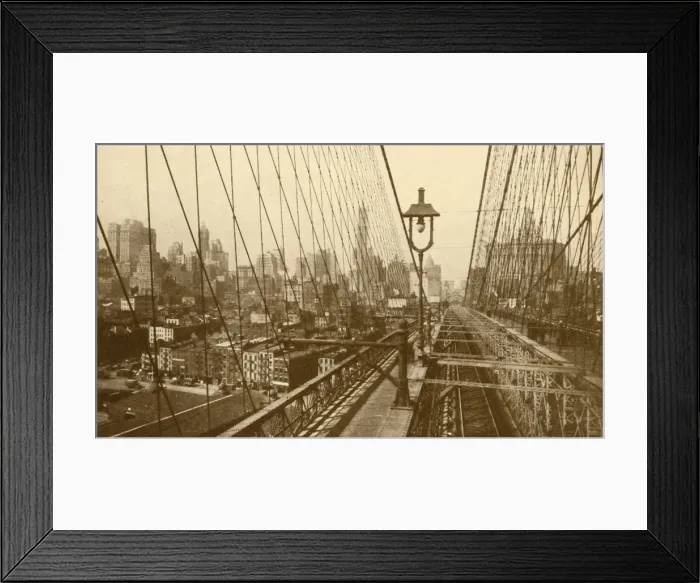 Framed Print : Lower Manhattan Viewed Through The Network Of Cables On Brooklyn Suspension Bridge, c1930 Framed Print : Lower Manhattan Viewed Through The Network Of Cables On Brooklyn Suspension Bridge, c1930