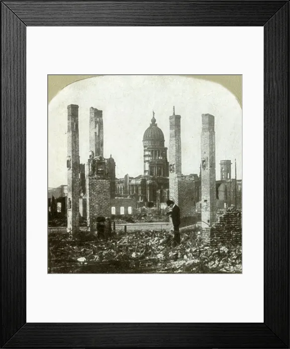 Framed Print : City Hall - Photographer in foreground - Tall brick chimneys left standing. Creator: Unknown Framed Print : City Hall - Photographer in foreground - Tall brick chimneys left standing. Creator: Unknown