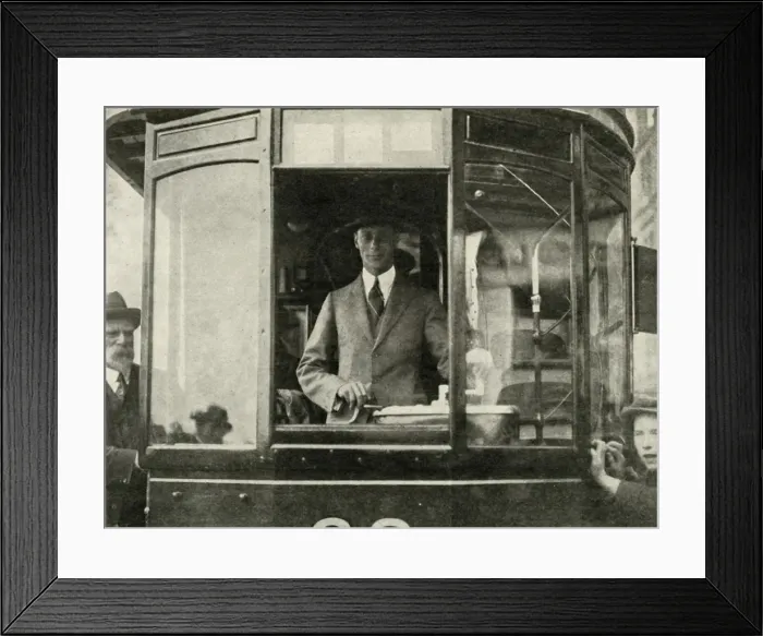 Framed Print : His Majesty Driving A Tram Through The Streets Of Glasgow... 1924, 1937. Creator: Unknown Framed Print : His Majesty Driving A Tram Through The Streets Of Glasgow... 1924, 1937. Creator: Unknown