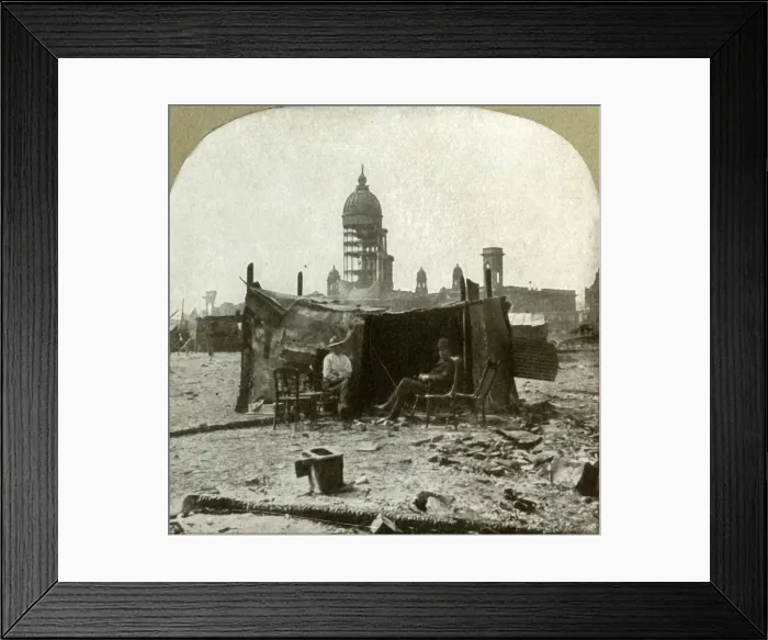 Framed Print : Refugee camp made of scraps [of] corrugated sheet iron gathered from the ruins, 1906
