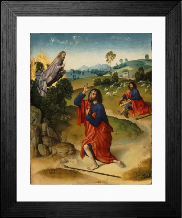 Framed Print : Moses and the Burning Bush, with Moses Removing His Shoes, ca 1465. Artist: Bouts Framed Print : Moses and the Burning Bush, with Moses Removing His Shoes, ca 1465. Artist: Bouts