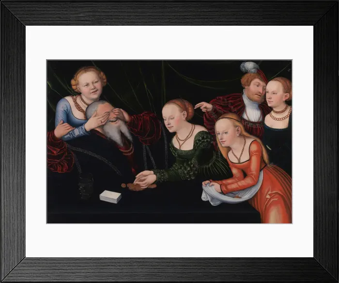 Framed Print : Old man beguiled by courtesans, ca 1537. Artist: Cranach, Lucas, the Elder (1472-1553) Framed Print : Old man beguiled by courtesans, ca 1537. Artist: Cranach, Lucas, the Elder (1472-1553)