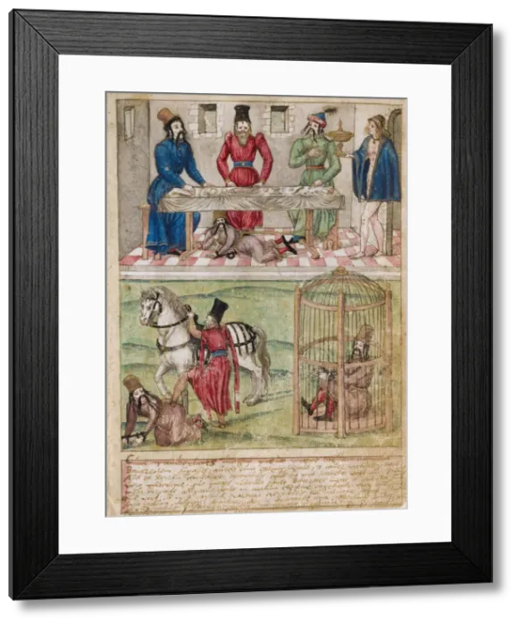 Framed Print : Bayezid I prisoned by Timur, before 1561. Artist: South German master (16th century) Framed Print : Bayezid I prisoned by Timur, before 1561. Artist: South German master (16th century)