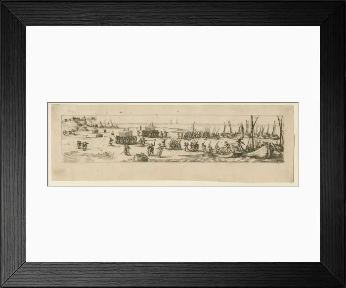 Framed Print : Landing of troops at the siege of La Rochelle, 1630. Artist: Callot, Jacques (1592-1635) Framed Print : Landing of troops at the siege of La Rochelle, 1630. Artist: Callot, Jacques (1592-1635)