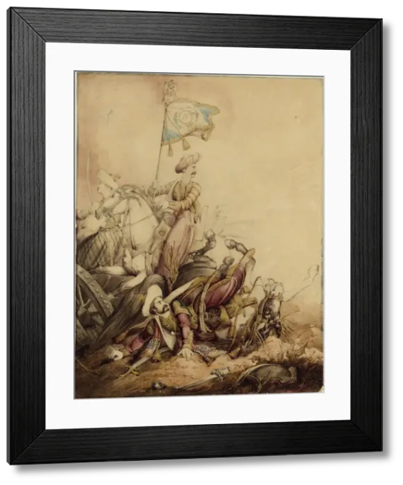 Framed Print : Mamluk standard-bearer in combat, 1818. Artist: Heath, William (1795-1840) Framed Print : Mamluk standard-bearer in combat, 1818. Artist: Heath, William (1795-1840)