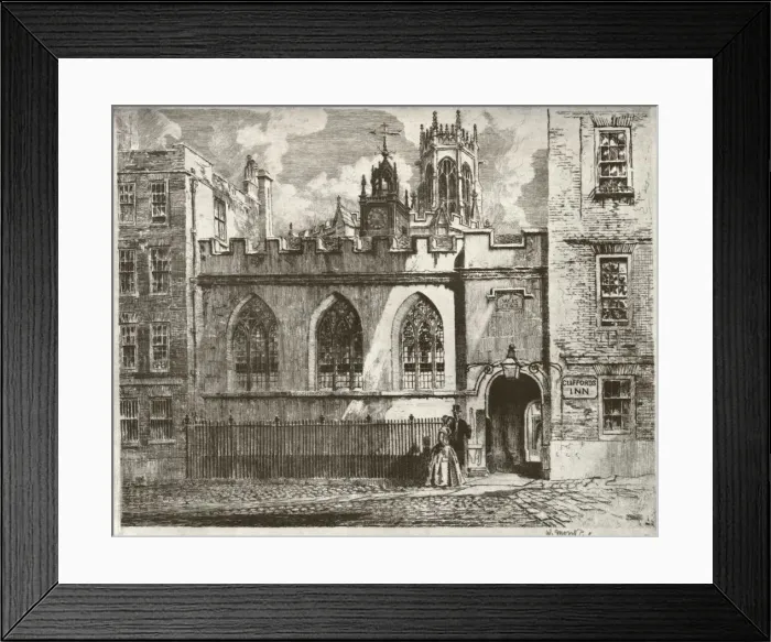 Framed Print : Cliffords Inn Hall and Clock Turret, with the Lantern Tower of St. Clement Danes Beyond, 1934 Framed Print : Cliffords Inn Hall and Clock Turret, with the Lantern Tower of St. Clement Danes Beyond, 1934
