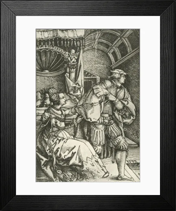 Framed Print : Joseph Fleeing from Potiphars Wife, c1532, (1908). Creator: Heinrich Aldegrever Framed Print : Joseph Fleeing from Potiphars Wife, c1532, (1908). Creator: Heinrich Aldegrever