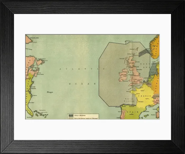 Framed Print : Map To Illustrate the German Submarine Blockade and the British Minefields... 1919 Framed Print : Map To Illustrate the German Submarine Blockade and the British Minefields... 1919