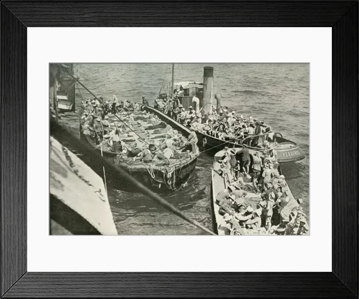 Framed Print : How the Wounded Were Conveyed to the Hospital Ships, (1919). Creator: Unknown Framed Print : How the Wounded Were Conveyed to the Hospital Ships, (1919). Creator: Unknown