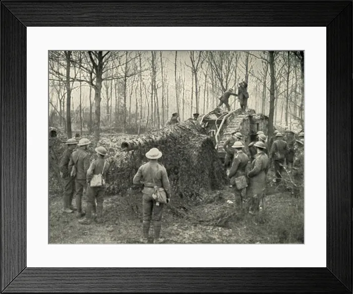 Framed Print : A Landship Bringing in Under Camouflage a 5. 9 German Naval Gun, (1919). Creator: Unknown Framed Print : A Landship Bringing in Under Camouflage a 5. 9 German Naval Gun, (1919). Creator: Unknown