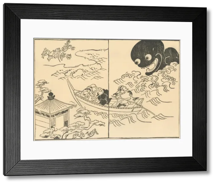 Framed Print : Men in a boat threatened by a sea monster, early-mid 18th century, (1924). Creator Framed Print : Men in a boat threatened by a sea monster, early-mid 18th century, (1924). Creator