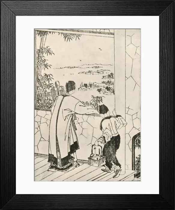Framed Print : People looking out of a window, late 18th-early 19th century, (1924). Creator: Hokusai Framed Print : People looking out of a window, late 18th-early 19th century, (1924). Creator: Hokusai