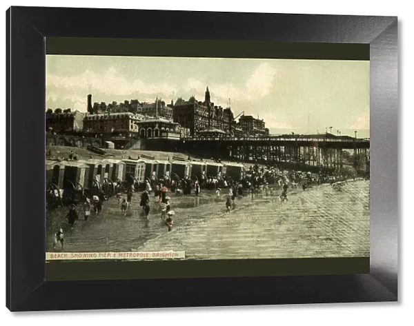 Beach Showing Pier & Metropole, Brighton, late 19th-early 20th century. Creator: Unknown