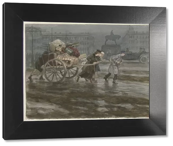 Family moving its belongings on cart (from the series of watercolors Russian revolution), 1917-1918