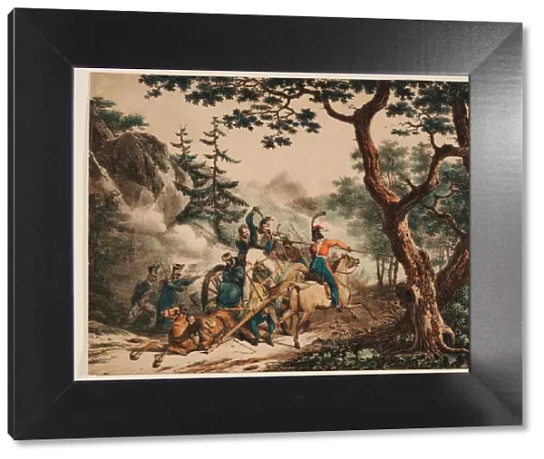 Cossacks attacking French soldiers in a forest, 1825. Artist: Anonymous