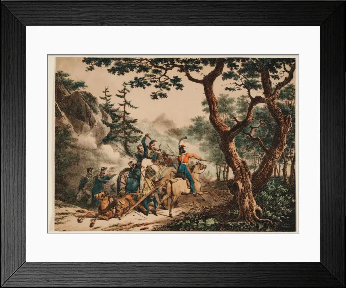Framed Print : Cossacks attacking French soldiers in a forest, 1825. Artist: Anonymous Framed Print : Cossacks attacking French soldiers in a forest, 1825. Artist: Anonymous