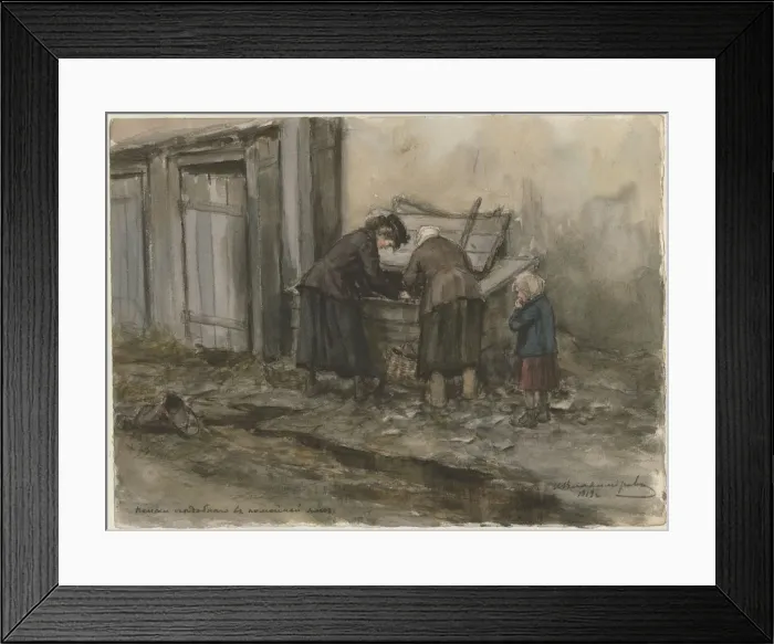 Framed Print : Two women and a child searching through trash bin (from the series of watercolors Framed Print : Two women and a child searching through trash bin (from the series of watercolors