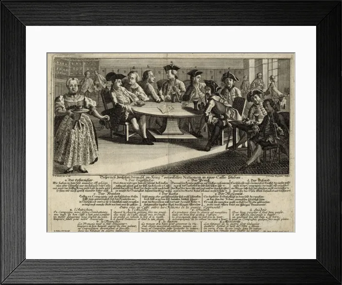 Framed Print : Conversation between 7 nations involved in the war in a cafe, 1757. Artist: Rugendas